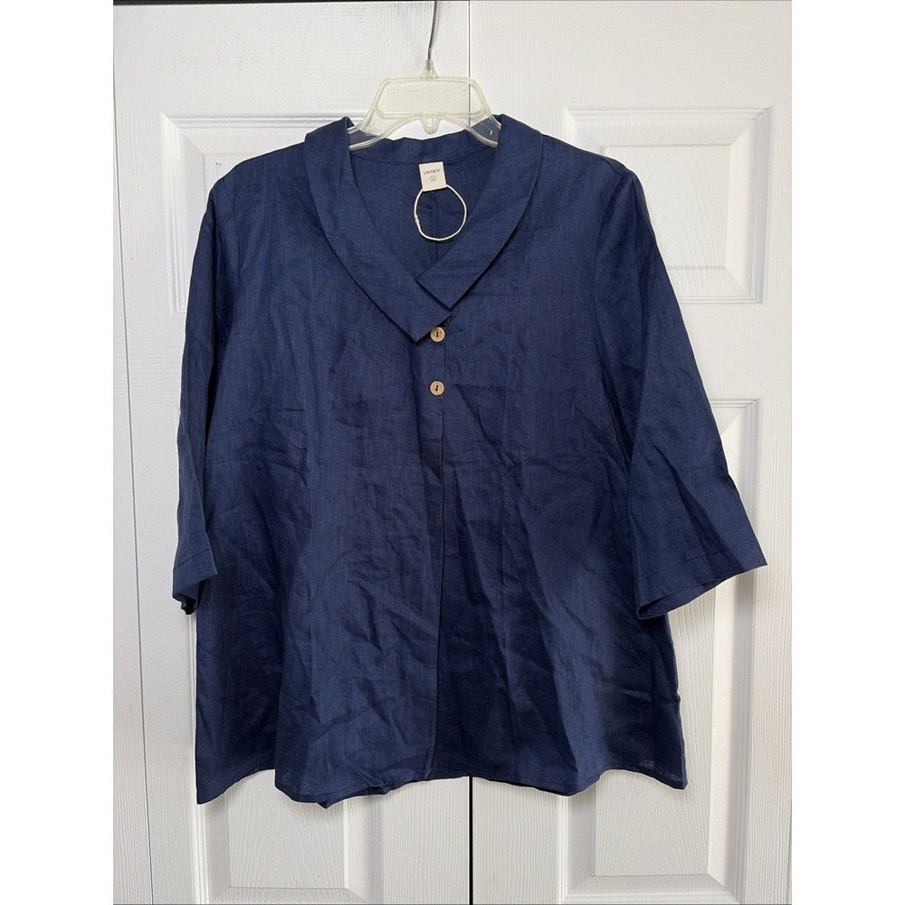 Lintico Linen Shawl Collar Blouse Womens Size L Navy Blue Casual Minimalist